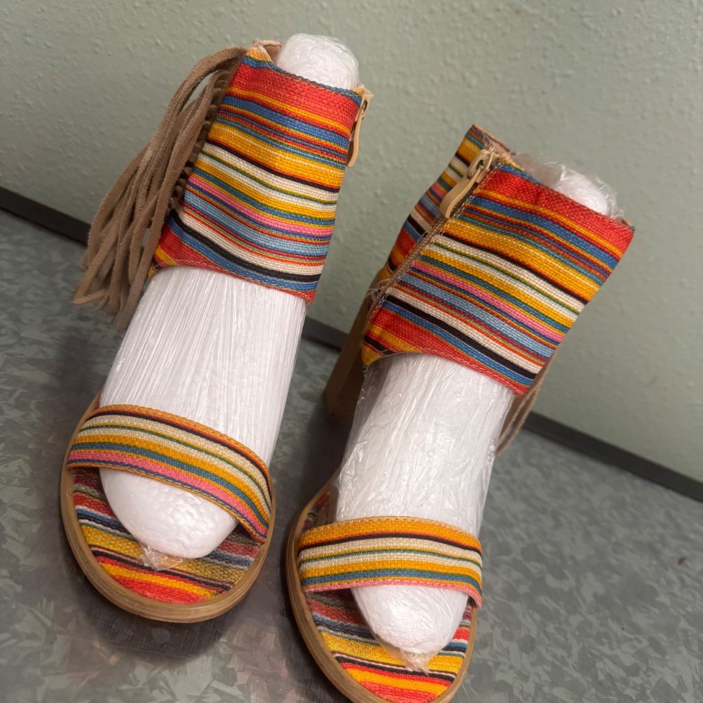Very Volatile Striped Fringe Block Heel Sandals Womens 7 Multi Colorโ Good Boho